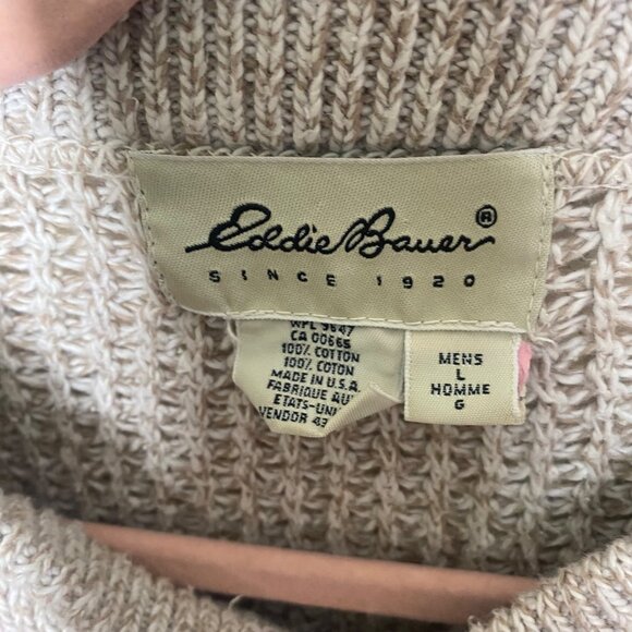 Vintage Eddie Bauer Cotton Knit Sweater Mens L Oatmeal 1/4 Button USA Preppy Fal - Picture 2 of 7